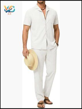 Men's 2-Piece Beach Outfit Short Sleeve Button Down Shirt & Drawstring Pants Set